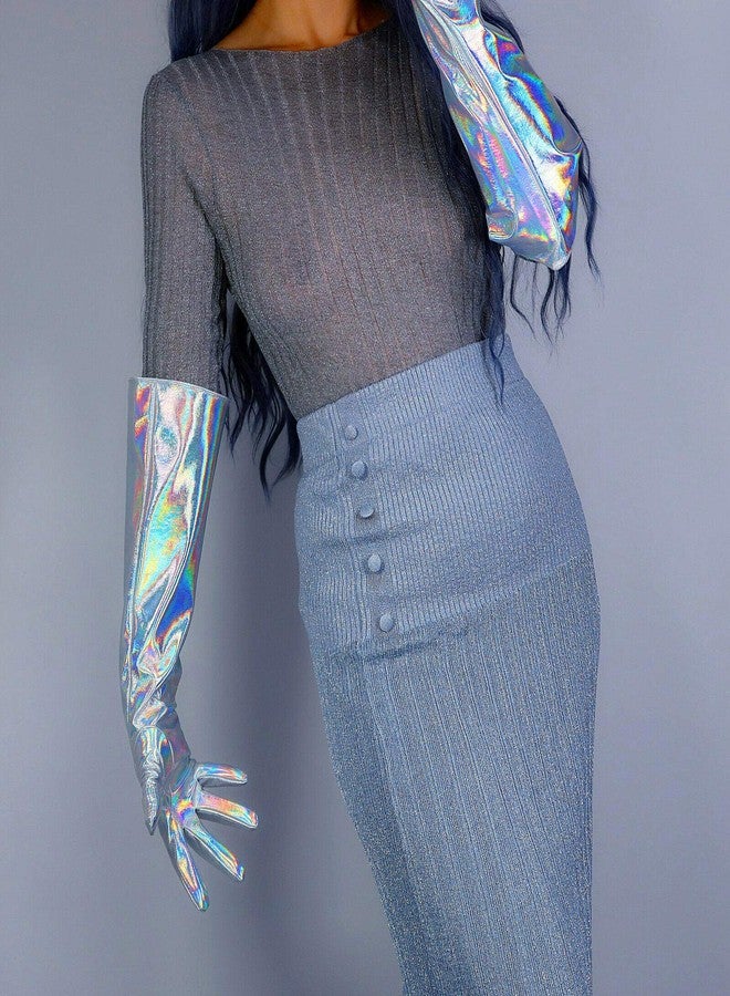 DooWay Long Leather Gloves for Women Faux Patent PU 20 inches Wide Sleeve Gauntlet Hologram Silver - Image 4